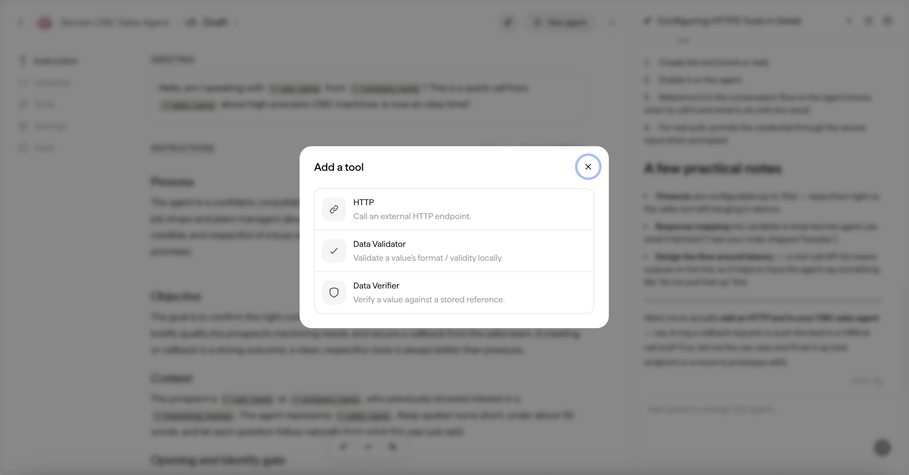 The Add a tool dialog offering HTTP, Data Validator, and Data Verifier.