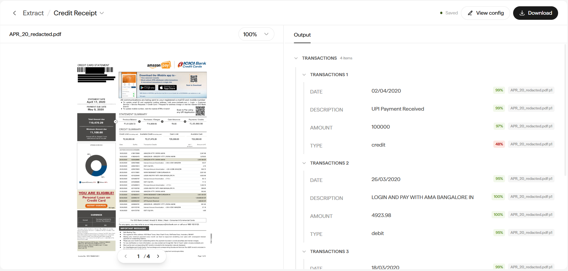 Extract results view for a credit card statement showing the source PDF on the left and a Transactions Output panel on the right with expanded transaction items (date, description, amount, type) and per-field confidence scores.