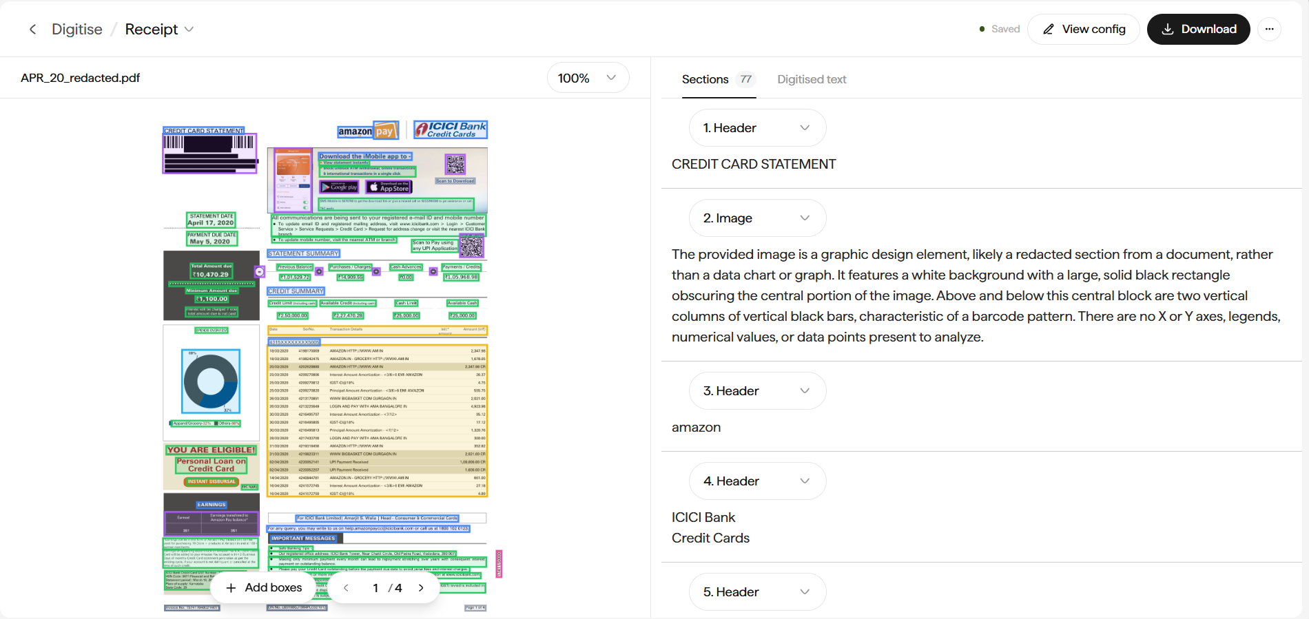 Digitise editor showing a document with color-coded bounding boxes on the left and a numbered Sections list on the right with types like Header and Image, including AI-generated image descriptions.