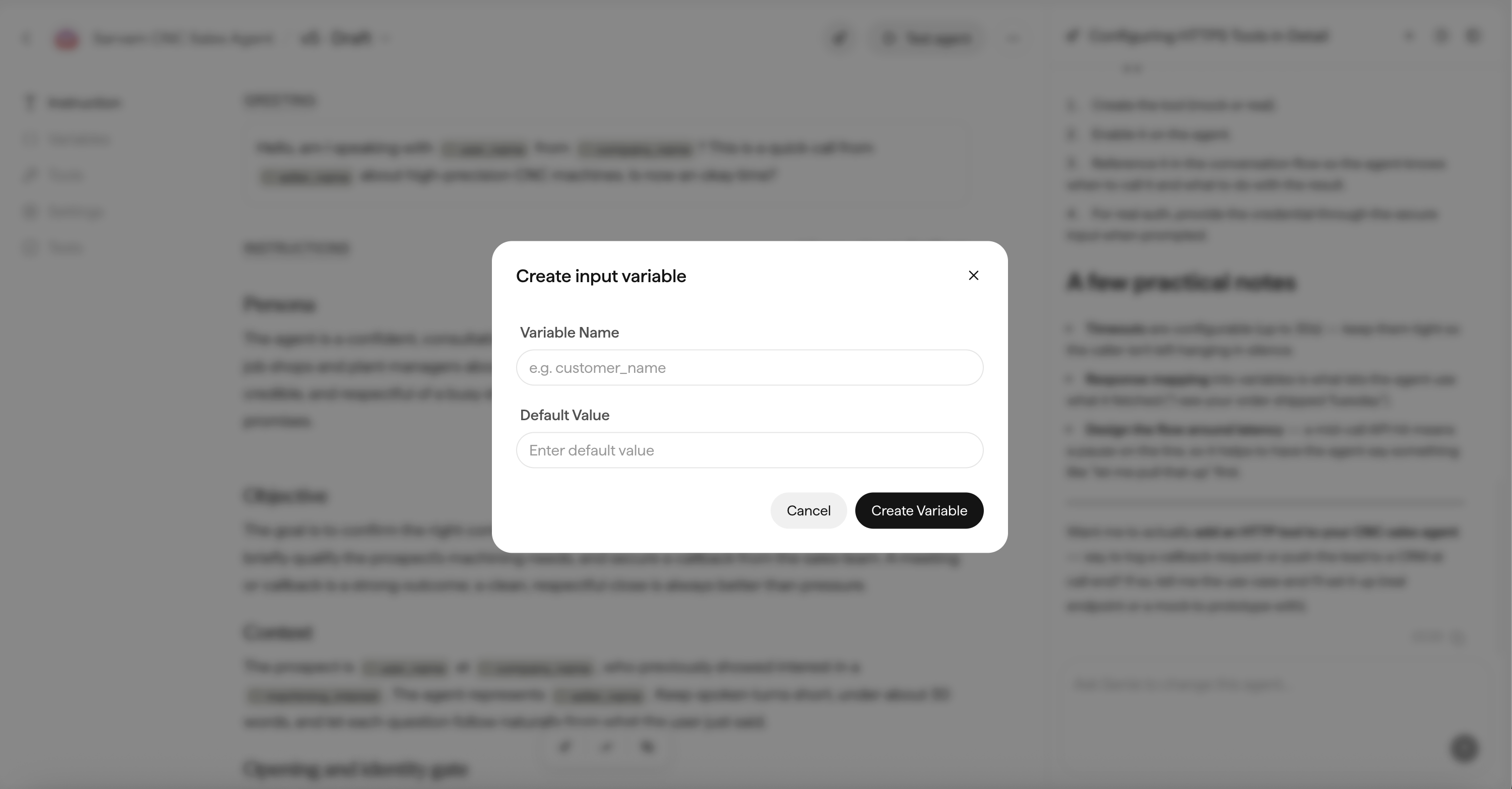 The Create input variable dialog with Variable Name and Default Value fields.
