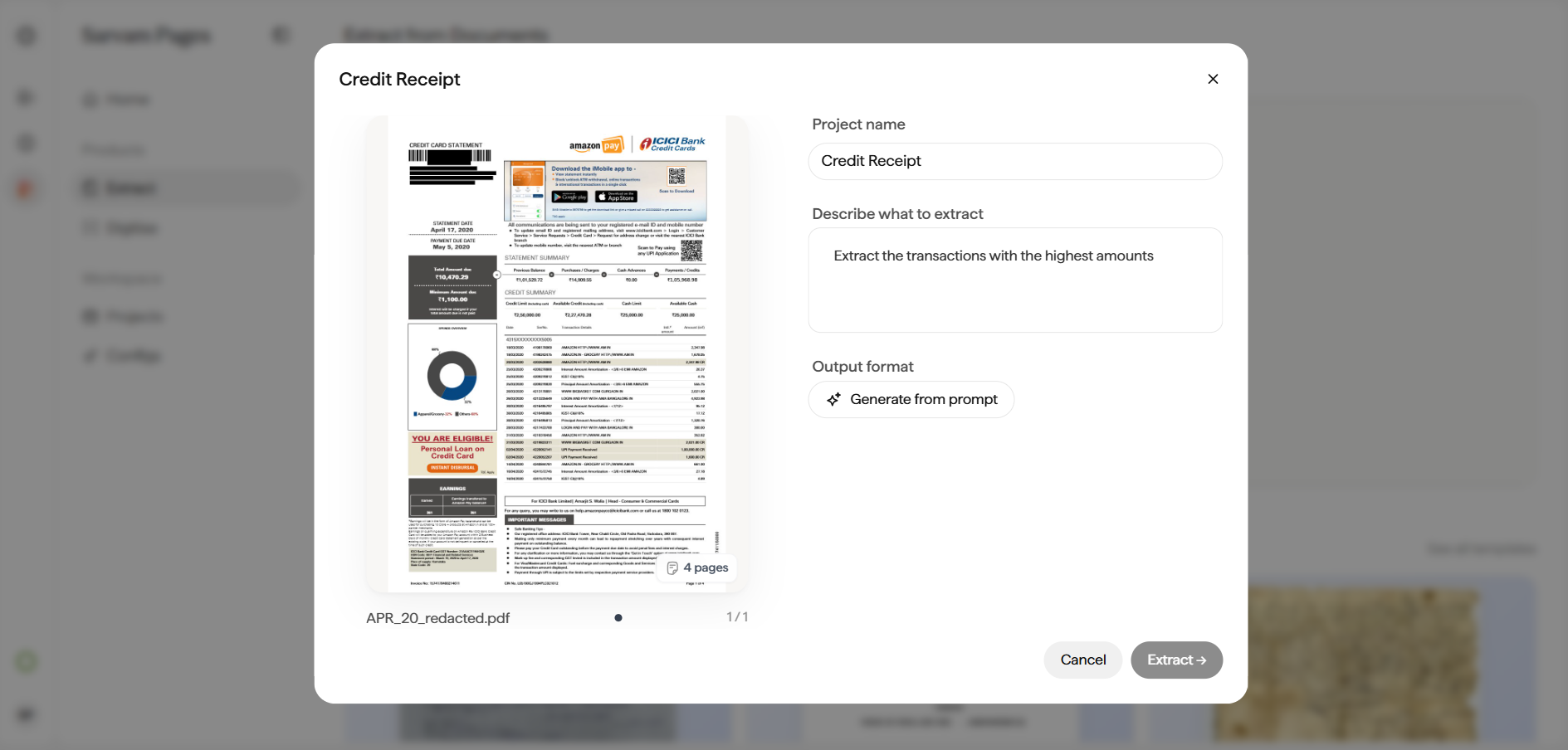 Extract configuration panel with a Credit Card Statement preview on the left and Project name, Describe what to extract, and Output format fields on the right.