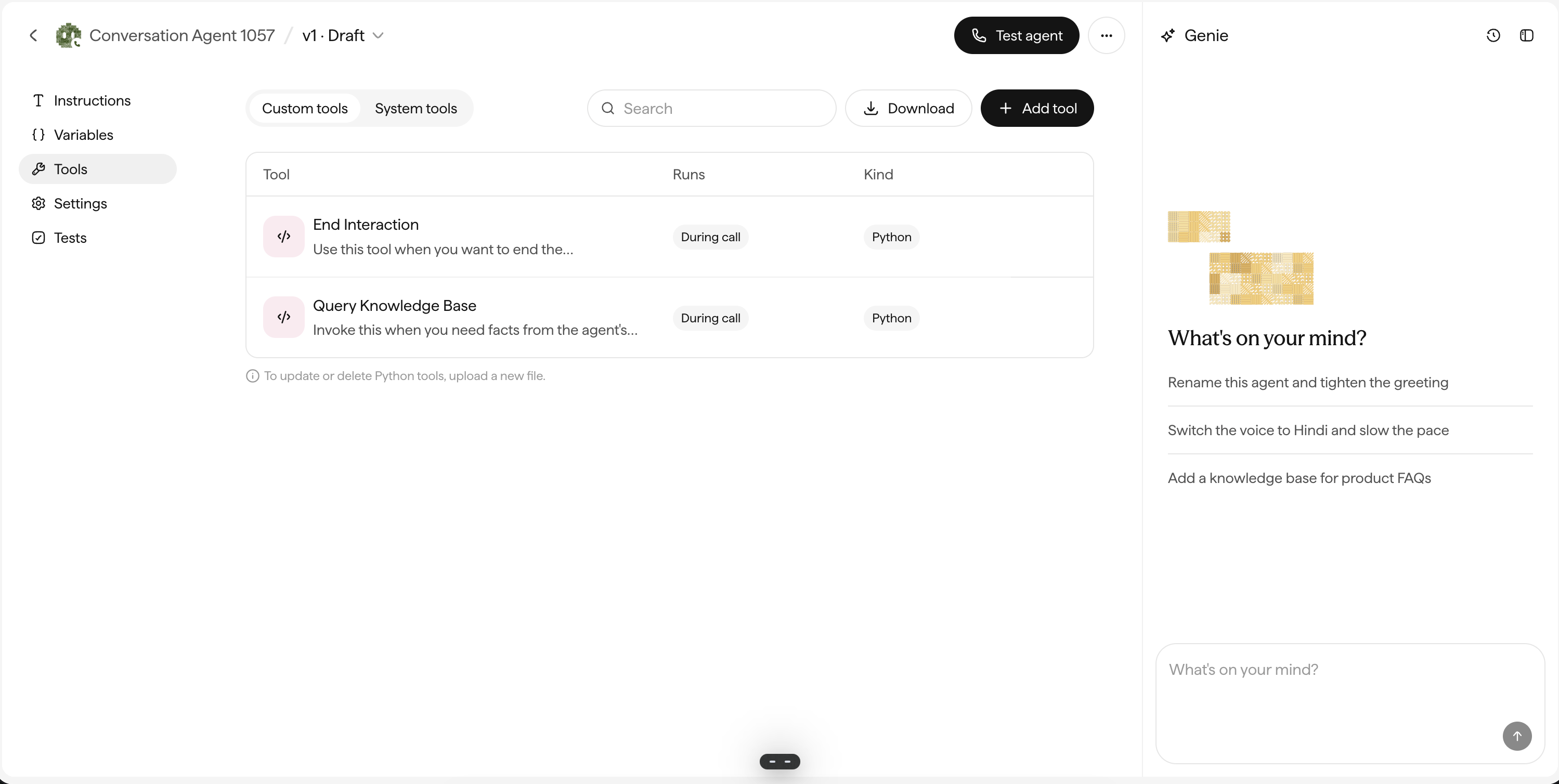 The agent editor left sidebar with Instructions, Variables, Tools, Settings, and Tests, with Tools selected.