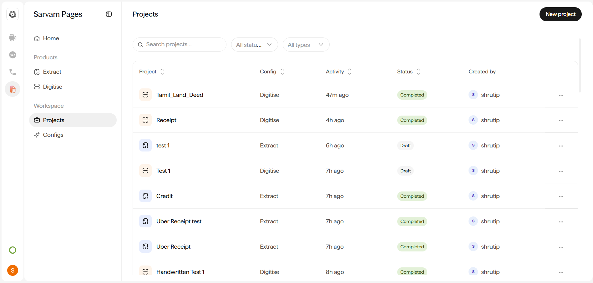 Projects pane listing individual project runs with their Config, type, status, and last-updated time.