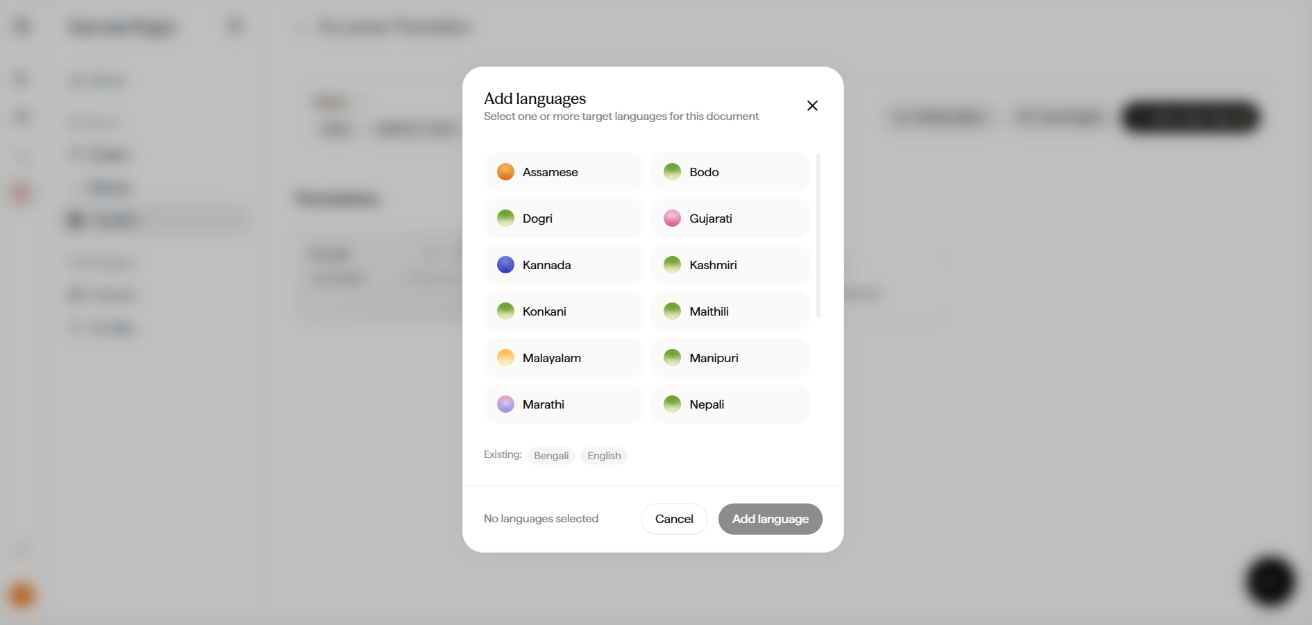Add languages modal showing a grid of Indian languages (Assamese, Bodo, Dogri, Gujarati, Kannada, Kashmiri, and more) with Existing languages Bengali and English listed at the bottom.