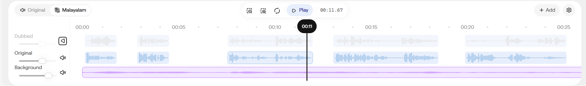 The same playback bar after clicking the Dubbed track's speaker icon: the Dubbed waveform is now grayed out (muted), while the Original track's waveform is highlighted, showing focus has shifted to it.