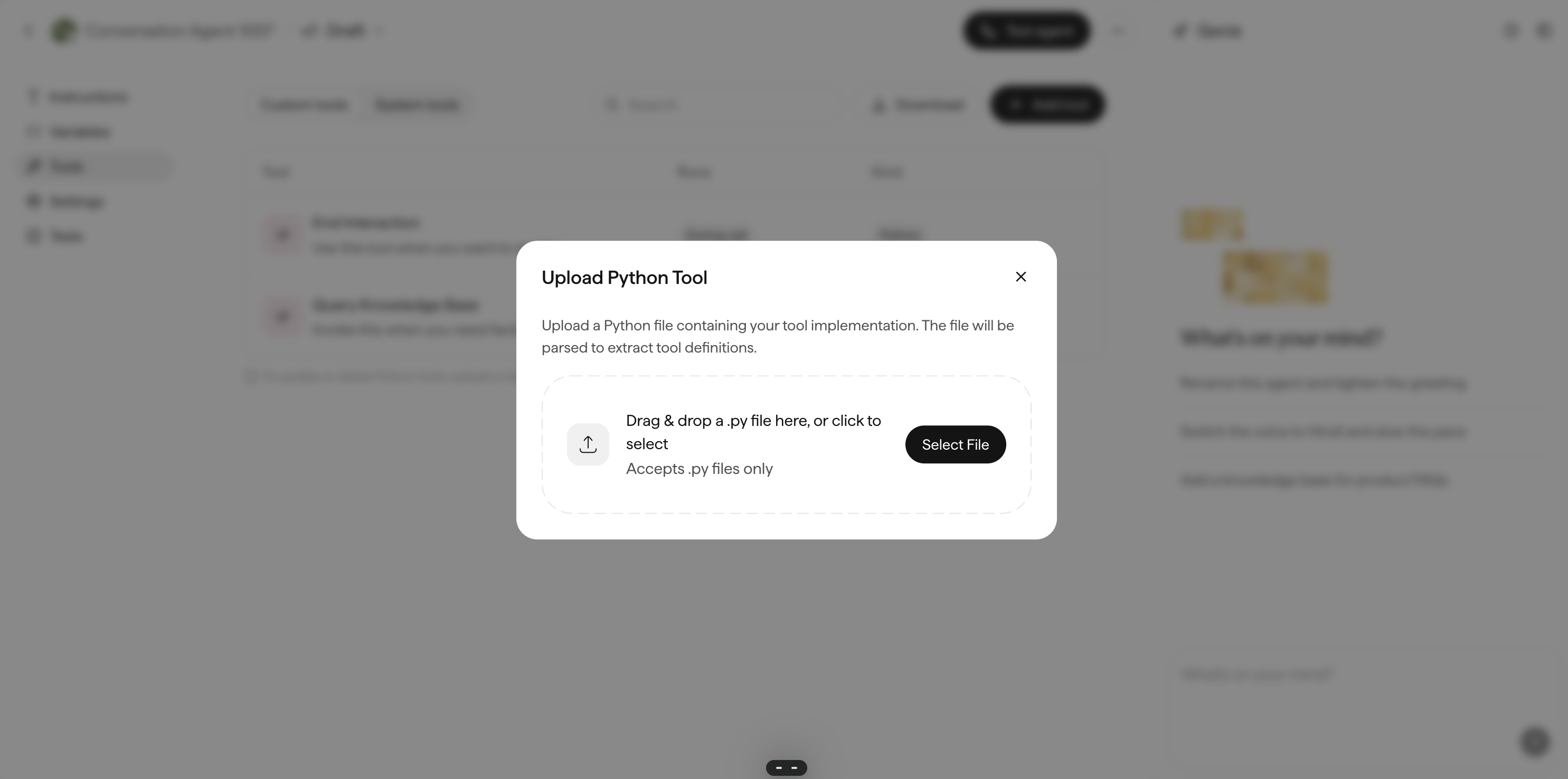The Upload Python Tool dialog with a drag-and-drop area accepting .py files.