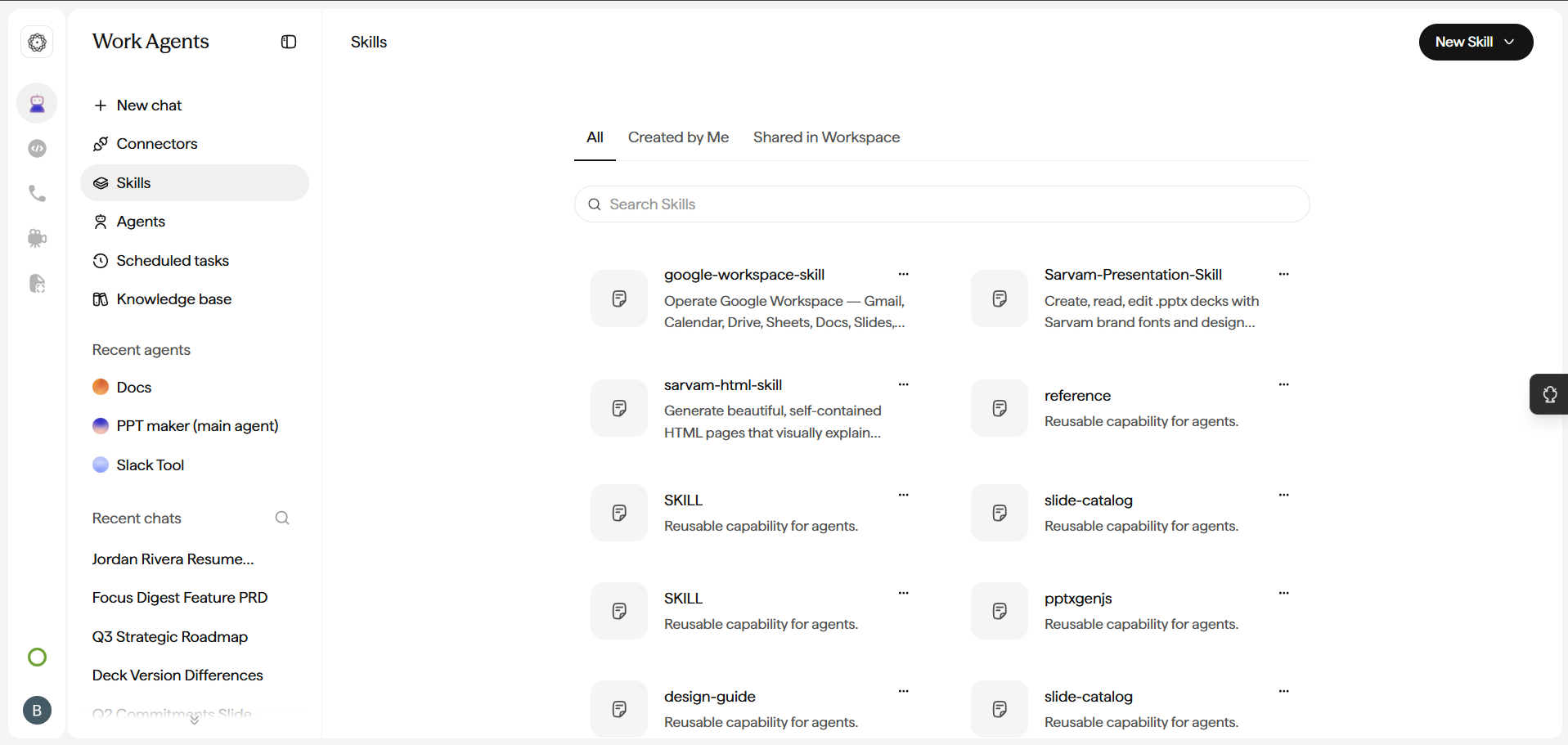 Work Agents Skills page listing skills including google-workspace-skill, Sarvam-Presentation-Skill, sarvam-html-skill, reference, slide-catalog, and design-guide, with a search bar and a New Skill button.