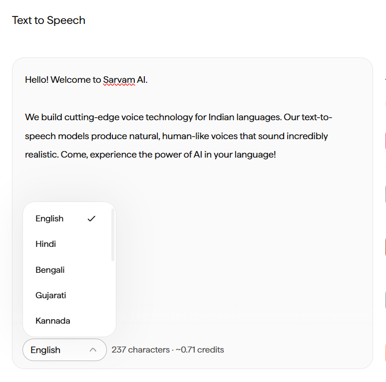 Language dropdown open beneath the Text to Speech input box, showing a scrollable list of languages (English checked, then Hindi, Bengali, Gujarati, Kannada, and more below), with the live character-and-credit count visible underneath.