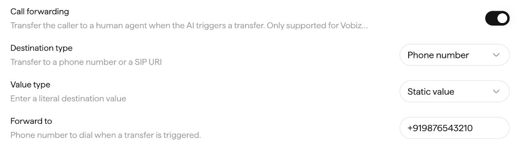Call forwarding settings with the toggle on, Destination type set to Phone number, Value type set to Static value, and Forward to set to +919876543210.