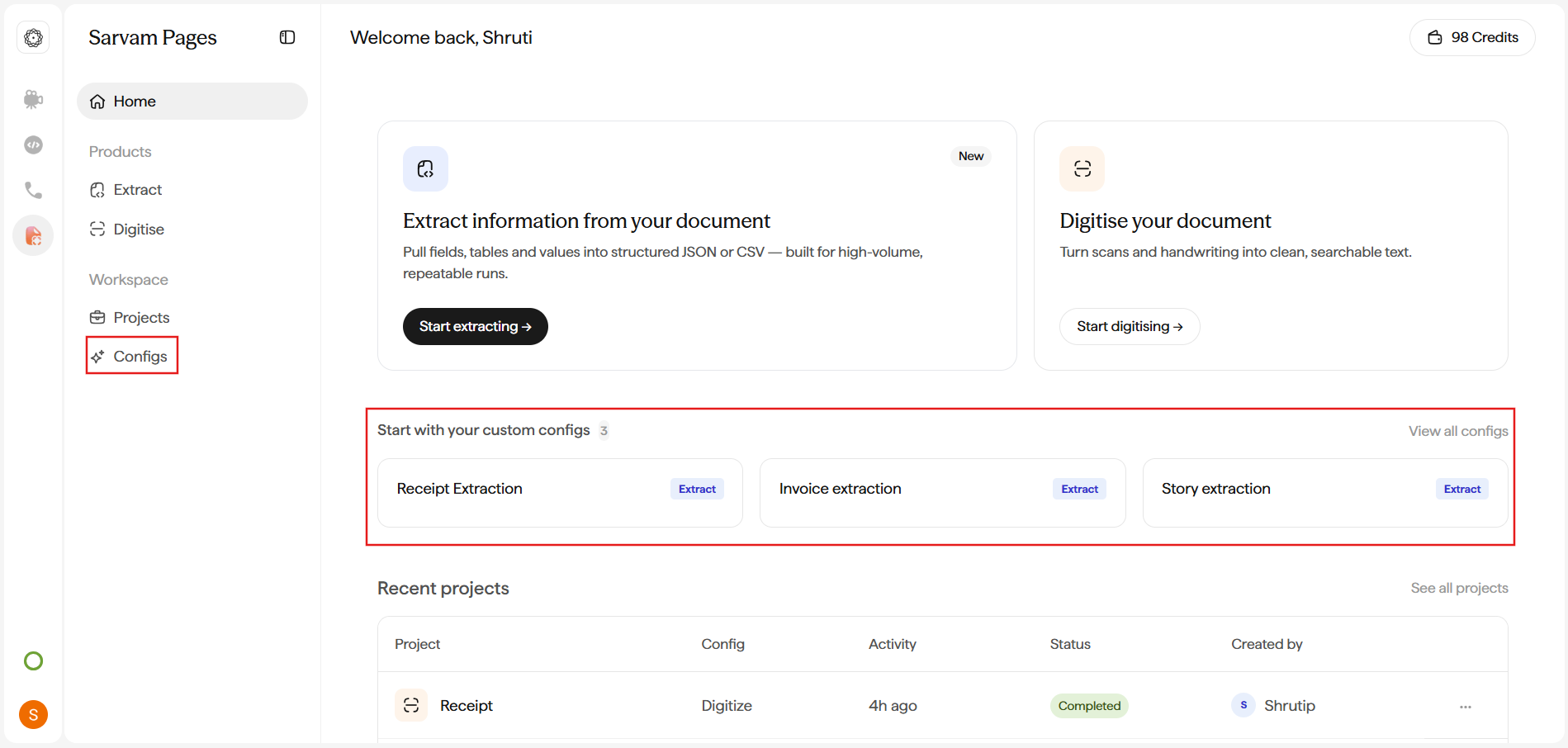 Home dashboard with Configs highlighted in the sidebar and a Start with your custom configs row showing saved Configs (Receipt Extraction, Invoice extraction, Story extraction).