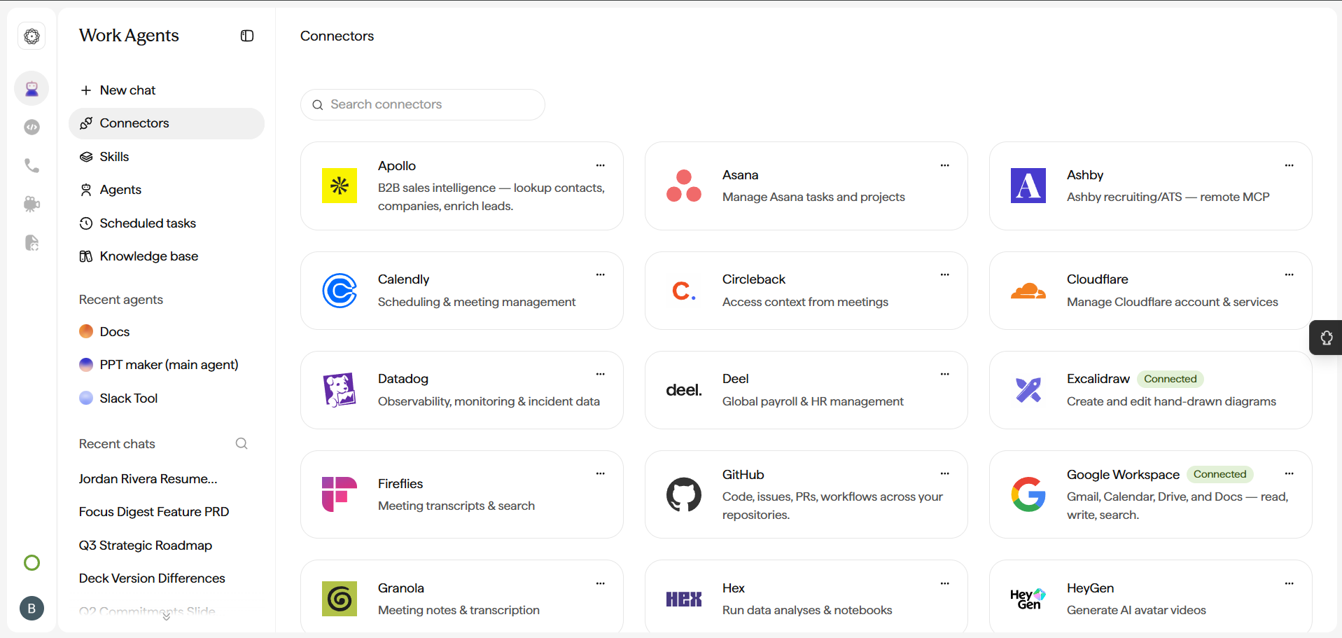Cowork Connectors page showing a searchable gallery of connectors such as Apollo, Asana, Ashby, Calendly, Circleback, Cloudflare, Datadog, Deel, Excalidraw, Fireflies, GitHub, Google Workspace, and HeyGen, with Google Workspace and Excalidraw marked Connected.