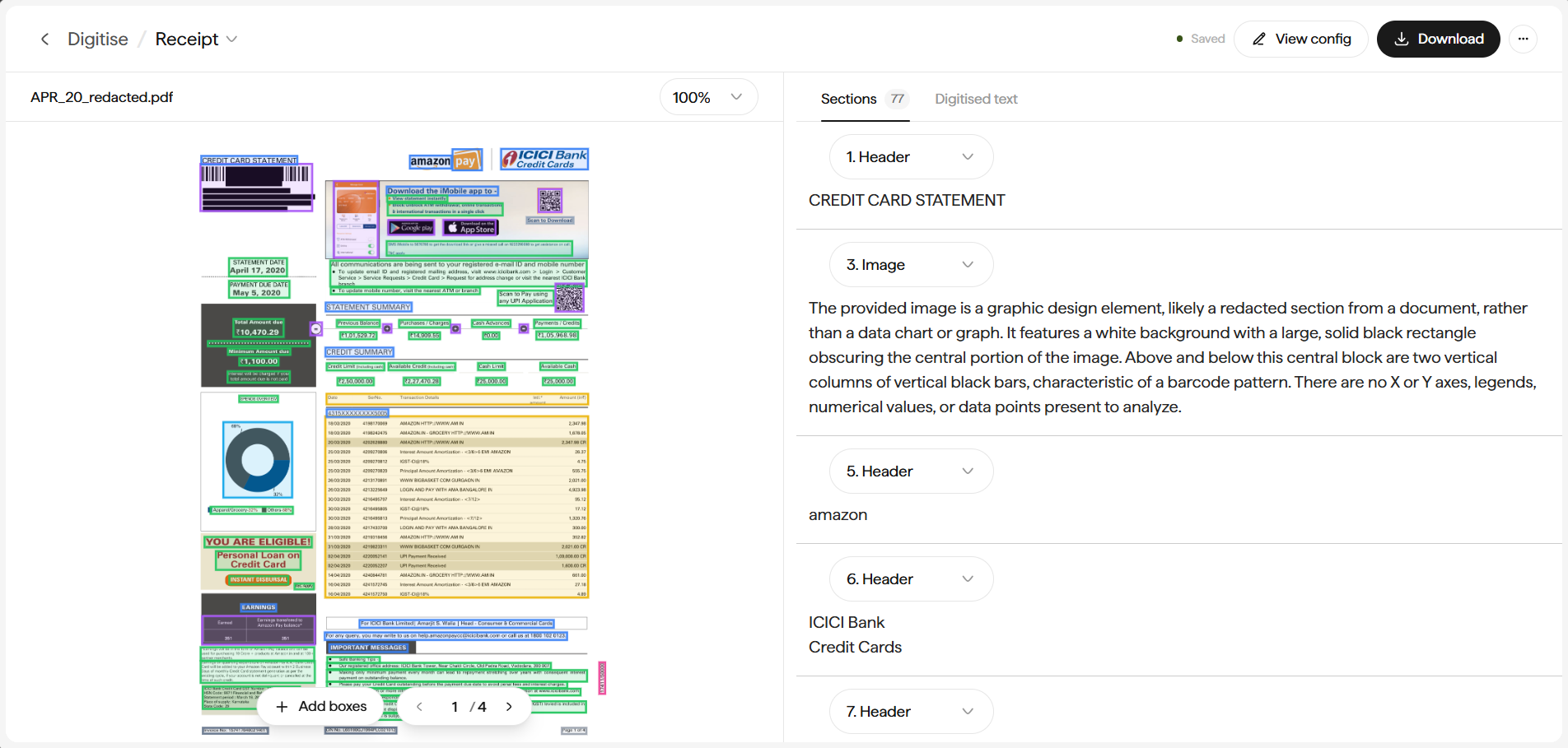 Digitise editor showing a redacted credit-card statement with 77 detected sections and color-coded bounding boxes
