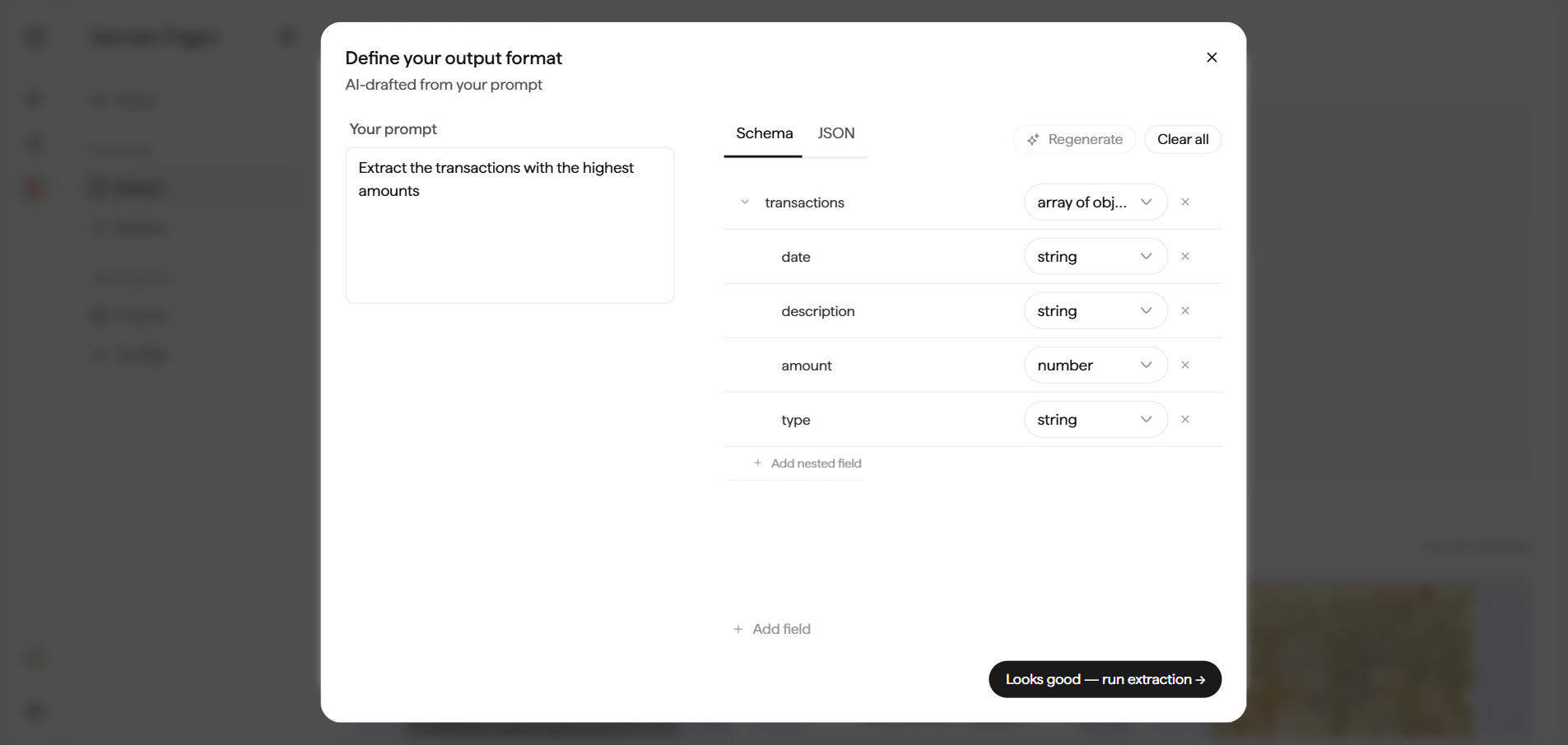 Define your output format dialog on the Schema tab, showing an AI-drafted schema with nested objects (report_metadata, key_features) and typed fields (string, array of objects).