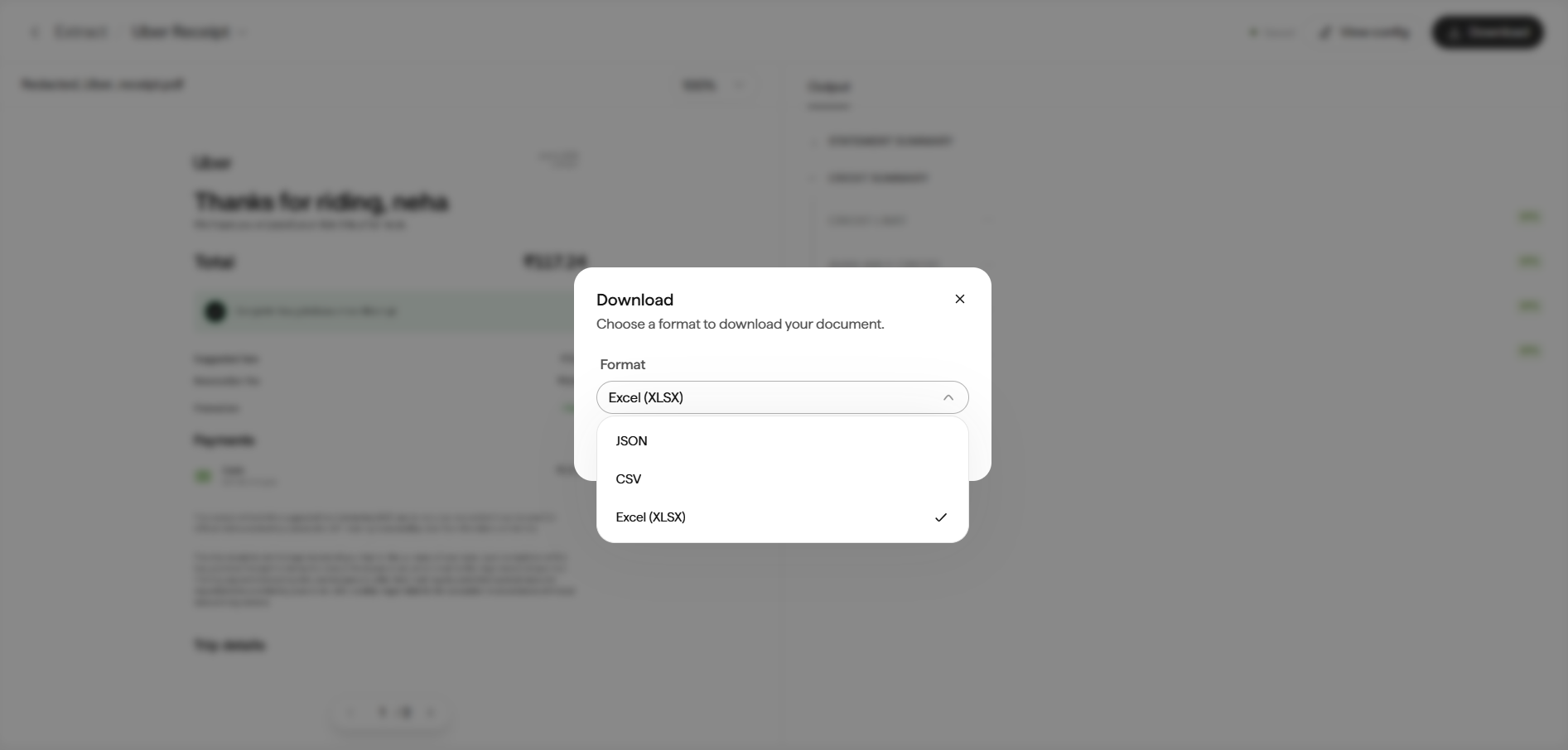 Extract Download dialog with the Format dropdown open showing JSON, CSV, and Excel (XLSX) options; Excel (XLSX) is currently selected.