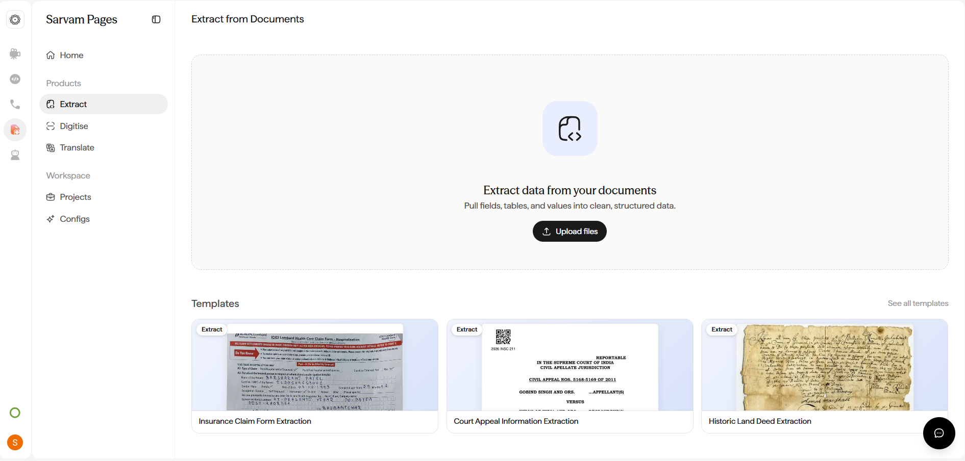 Extract from Documents page with an Upload files button and a row of Extract templates including Insurance Claim Form Extraction, Court Appeal Information Extraction, and Historic Land Deed Extraction.