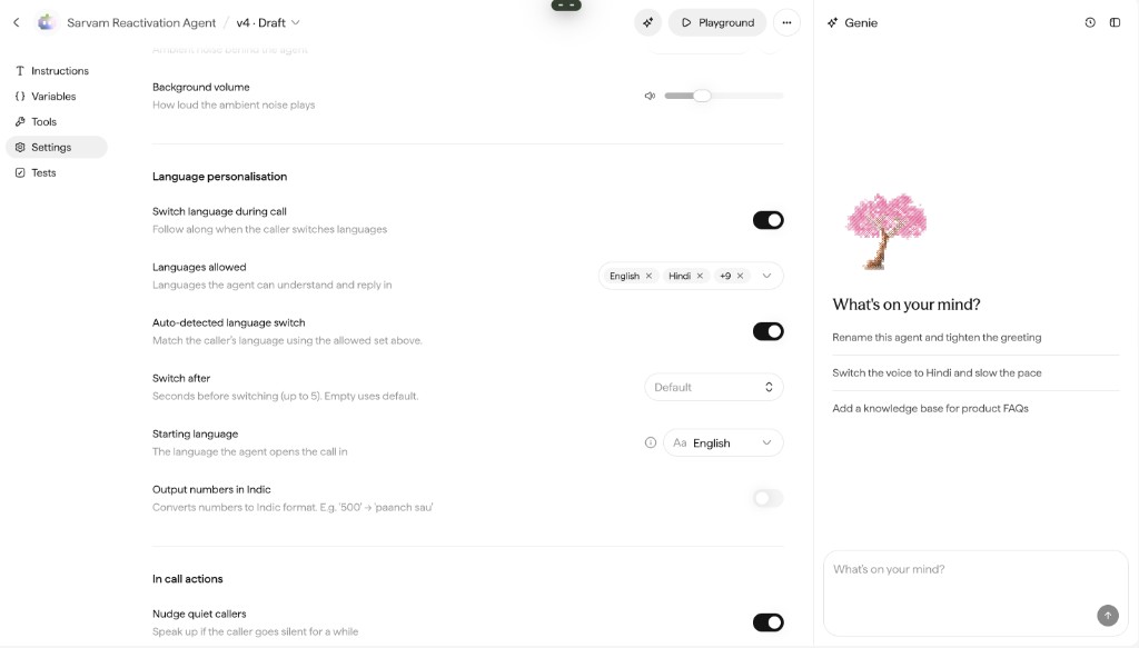 Agent Settings showing Language personalisation with Switch language during call on, English and Hindi selected, and Starting language set to English.
