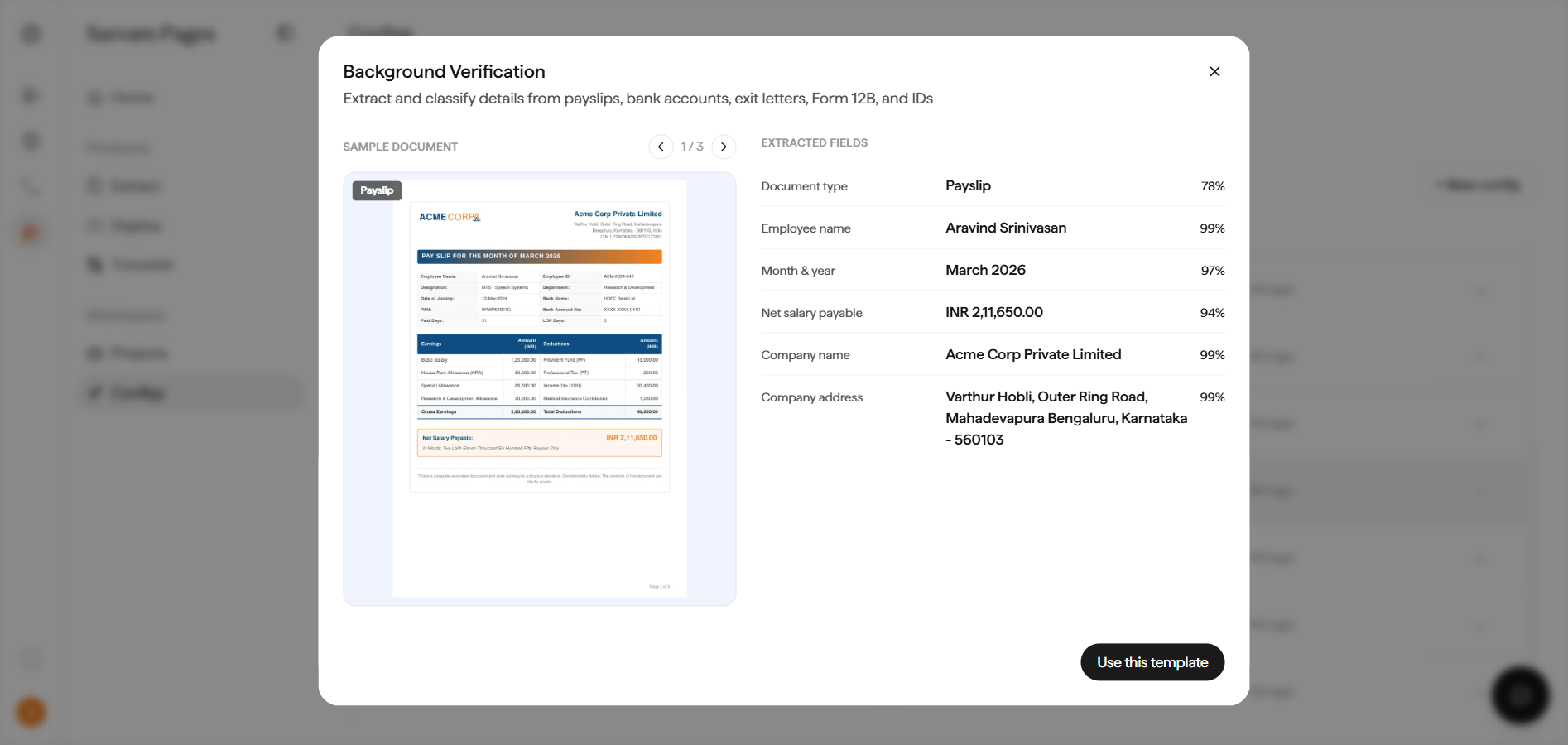 Background Verification template preview with a sample payslip on the left and extracted fields (document type, employee name, month and year, net salary payable, company name and address) with confidence scores on the right, plus a Use this template button.