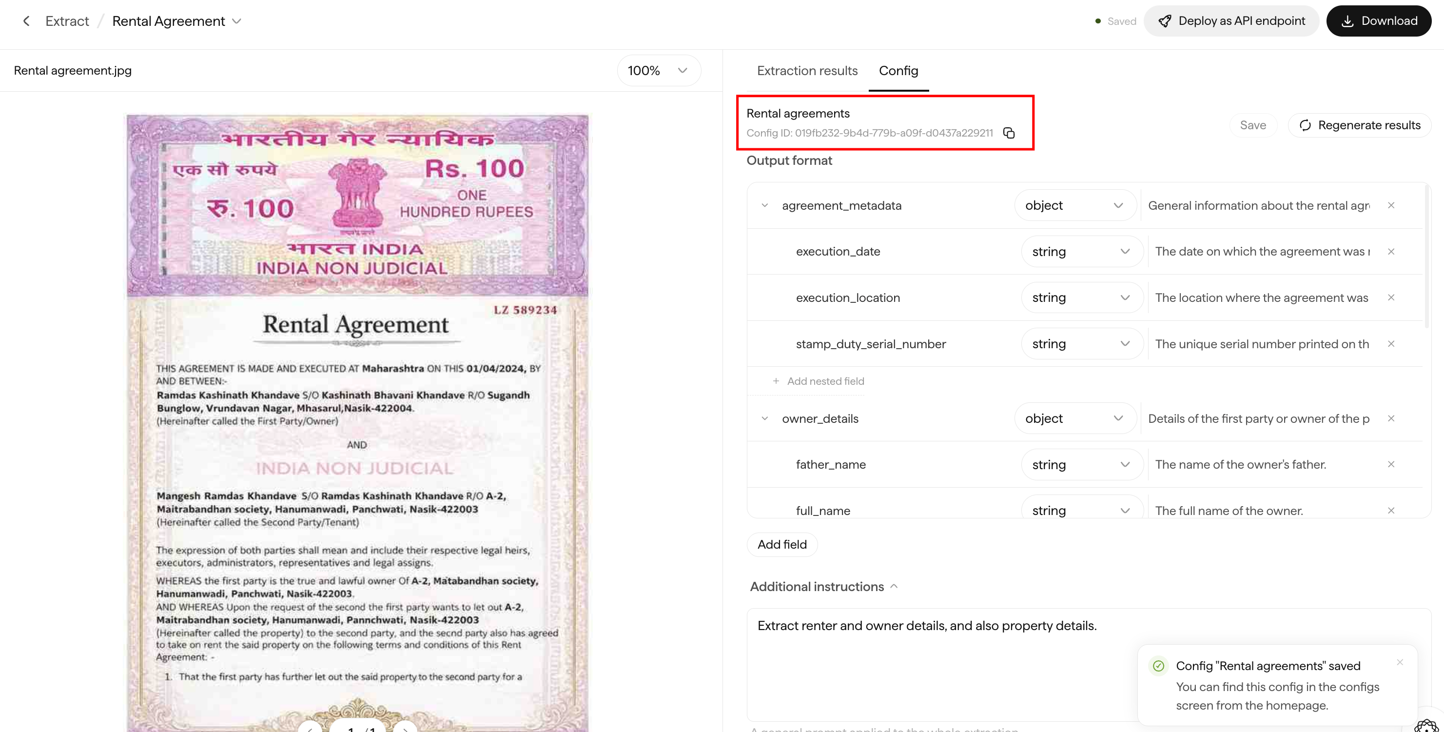 Saved Config in Doc Agents showing the config_id UUID with a copy button.
