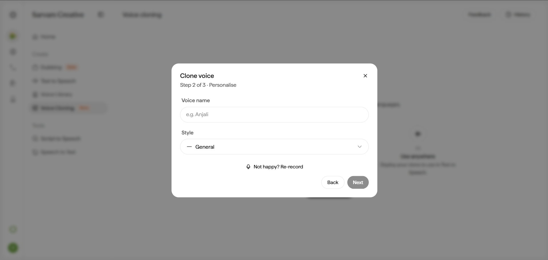 Clone voice modal, Step 2 of 3, titled Personalise. A Voice name text field sits above a Style dropdown defaulted to General, which expands to show General, Conversational, Professional, Warm, and Energetic, each with its own icon. A Not happy? Re-record link sits below, with Back and Next buttons at the bottom right.