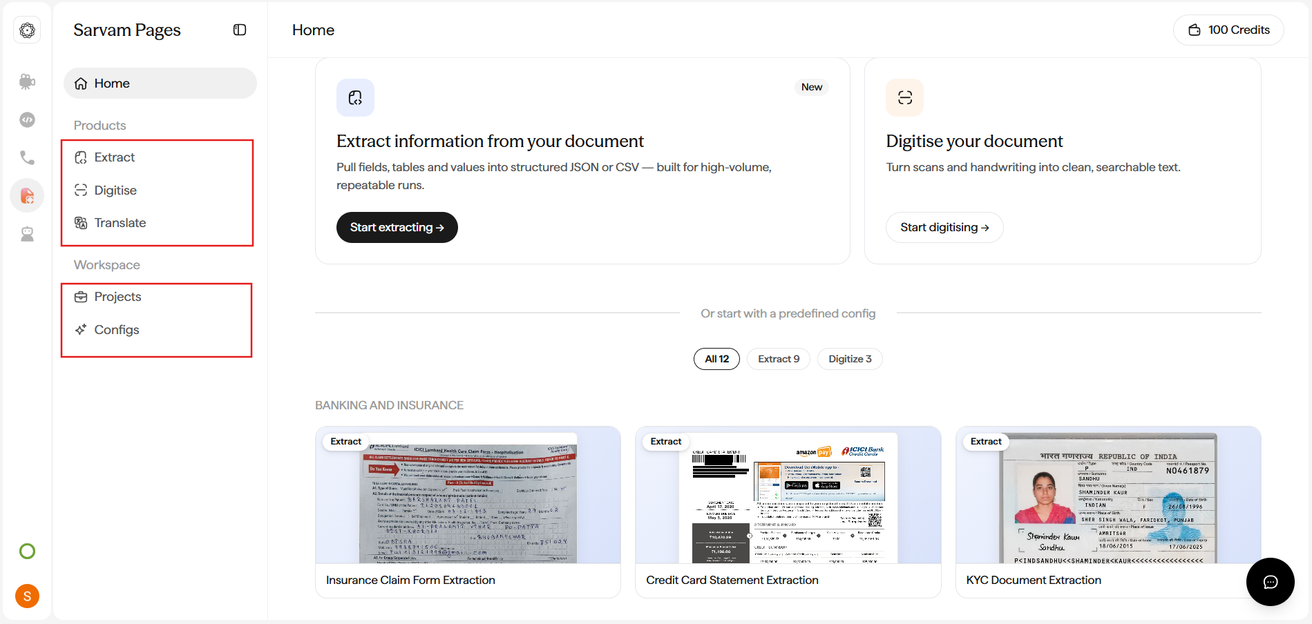 Doc Agents Home page with quick-start cards for Extract and Digitise, a credit balance, and a template shelf organised by category.