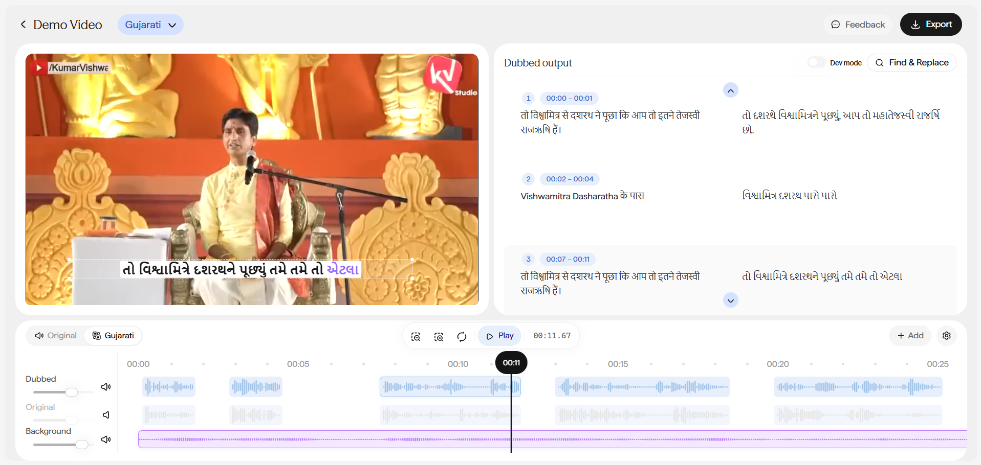 Dubbing editor screen. Header row: a back arrow, the project name, and a language pill (e.g. Hindi) for switching between target languages, followed by Feedback and Export buttons on the right. Below the header, a two-pane layout: the left pane is the original video player; the right pane is titled Dubbed output with a search icon and Find and Replace control in its top-right corner. The right pane lists numbered, timestamped blocks (e.g. 1, 00:00 to 00:06), each showing the original-language text on the left and the translated text on the right inside its own box, with a Play audio icon button and a Regenerate audio icon button beside it. Below both panes, a shared playback bar toggles between Original and the target language, with transport controls and a running timestamp. Beneath the playback bar, three horizontal waveform tracks labeled Dubbed, Original, and Background, each with its own volume slider and speaker icon.