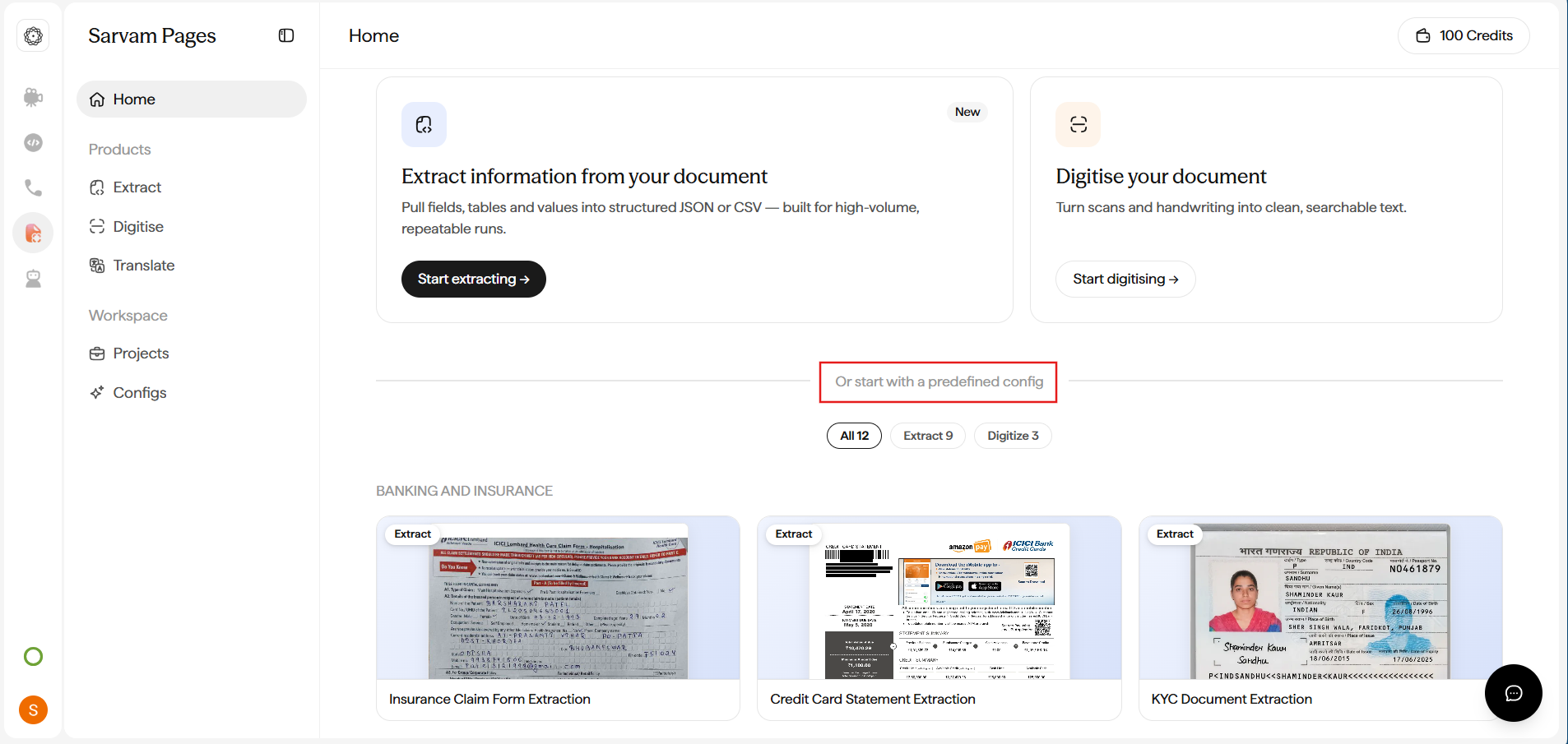 Home page showing Or start with a predefined config with template cards for Insurance Claim Form Extraction, Credit Card Statement Extraction, and KYC Document Extraction.