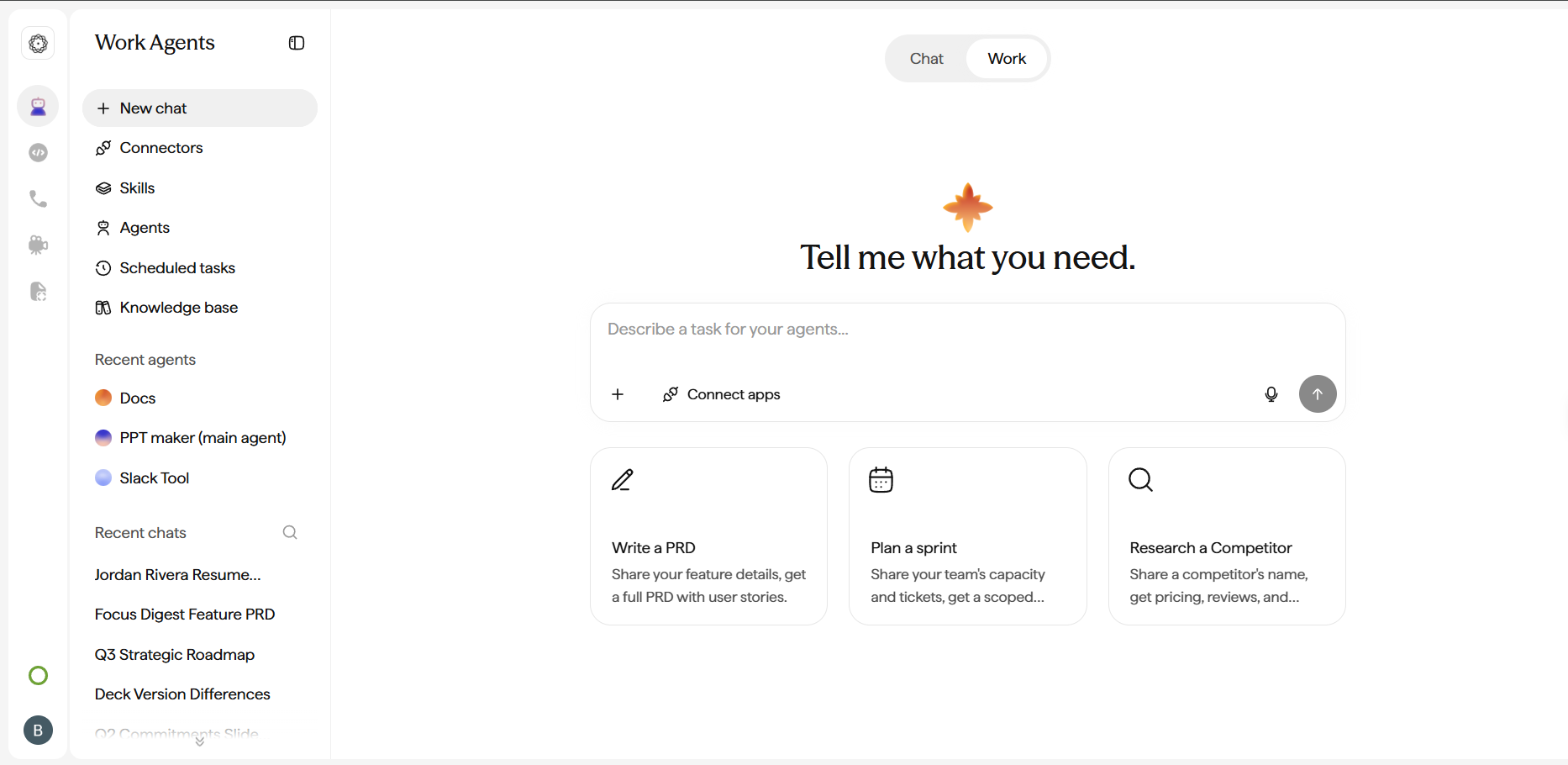 Cowork Home dashboard with a central prompt bar and a sidebar with Connectors, Skills, Agents, Scheduled Tasks, and Knowledge Bases.