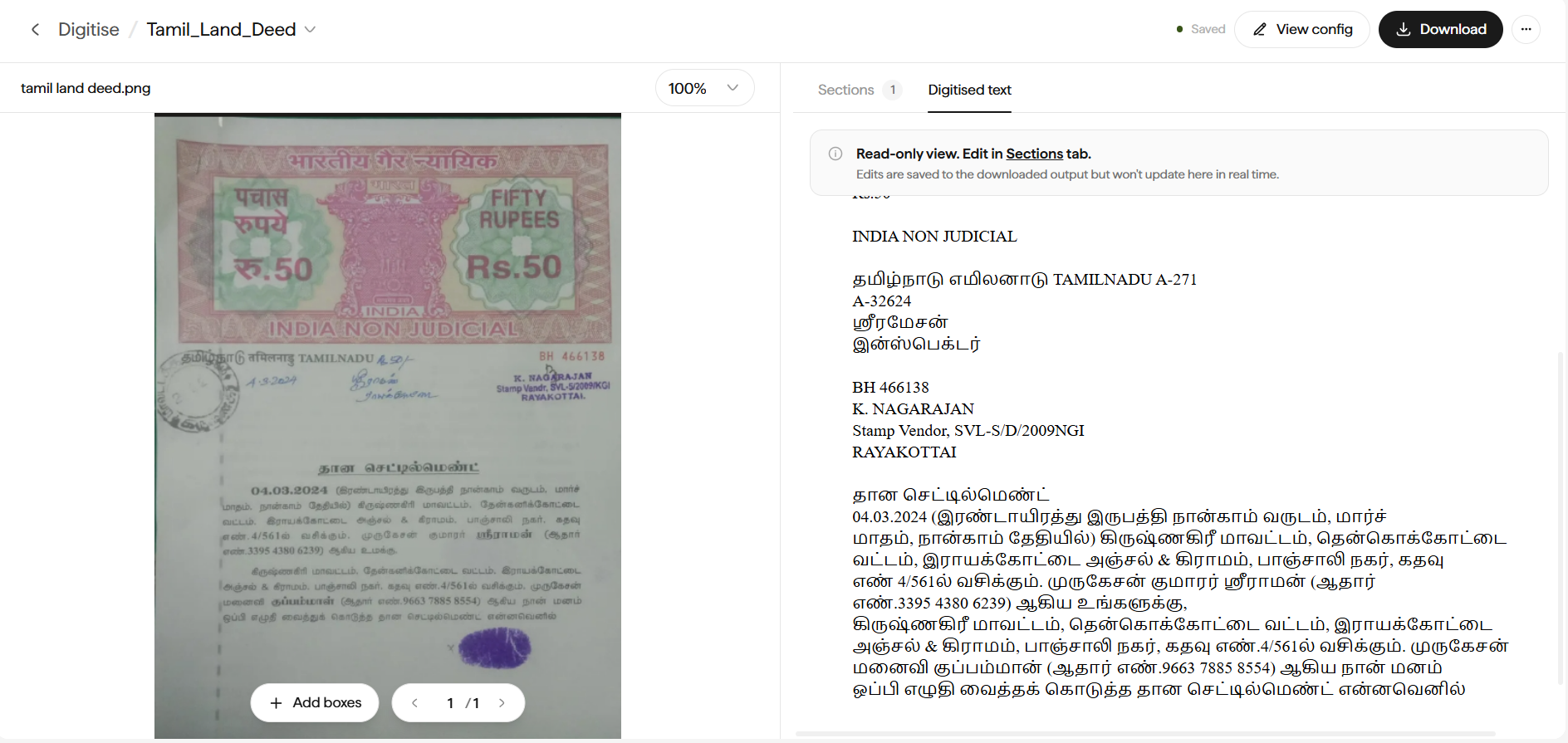 Digitise editor with a Tamil land deed on the left and the digitised Tamil text on the right, preserving the document's structure.