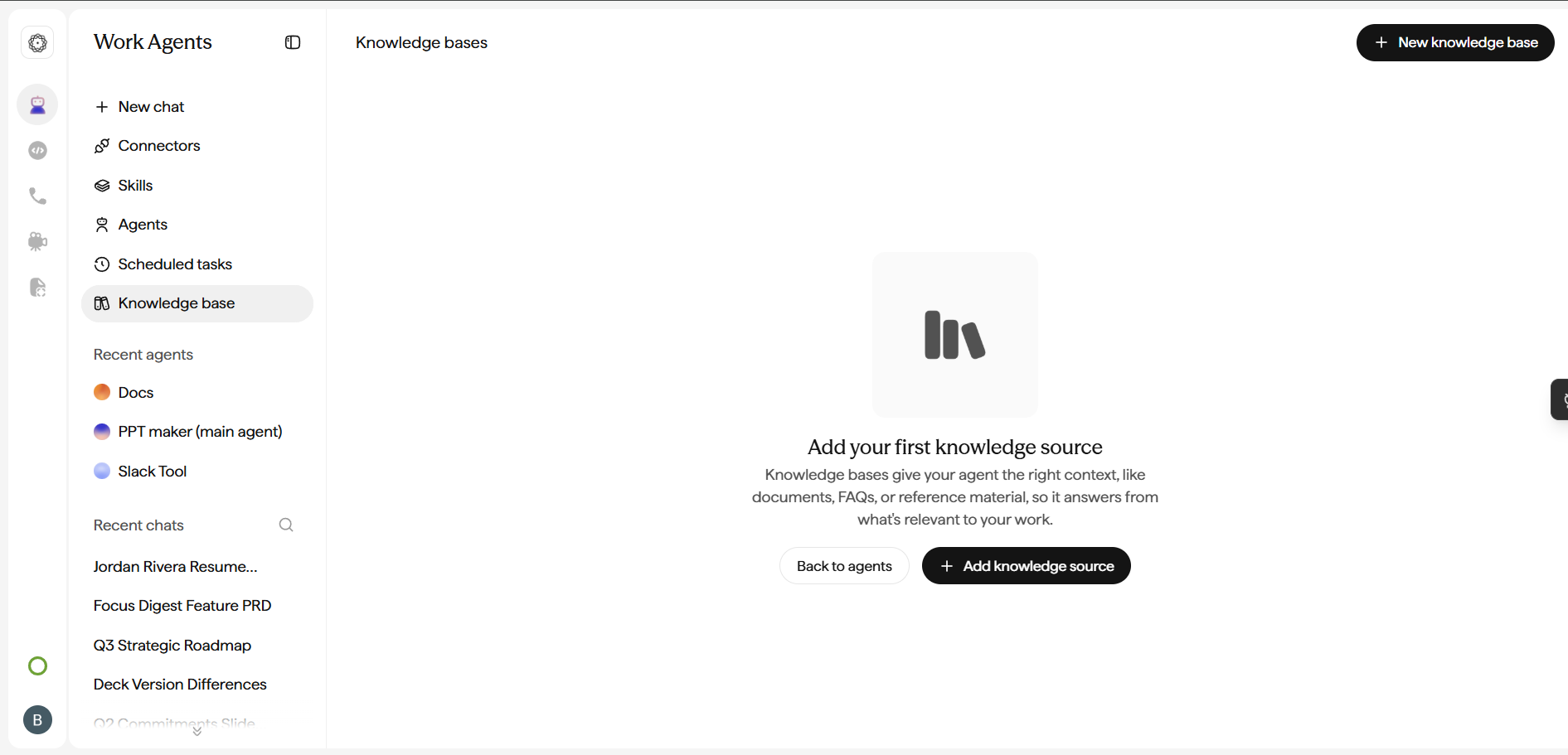 Work Agents Knowledge bases empty state reading 'Add your first knowledge source', with 'Add knowledge source' and 'New knowledge base' options.