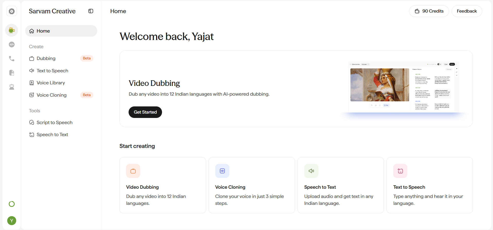 Content Agents dashboard home screen, showing a Video Dubbing highlight and a Start creating grid with Video Dubbing, Voice Cloning, Speech to Text, and Text to Speech cards.