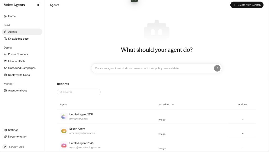 The Agents page with the prompt "What should your agent do?", a Create from Scratch button, and a Recents table of agents.