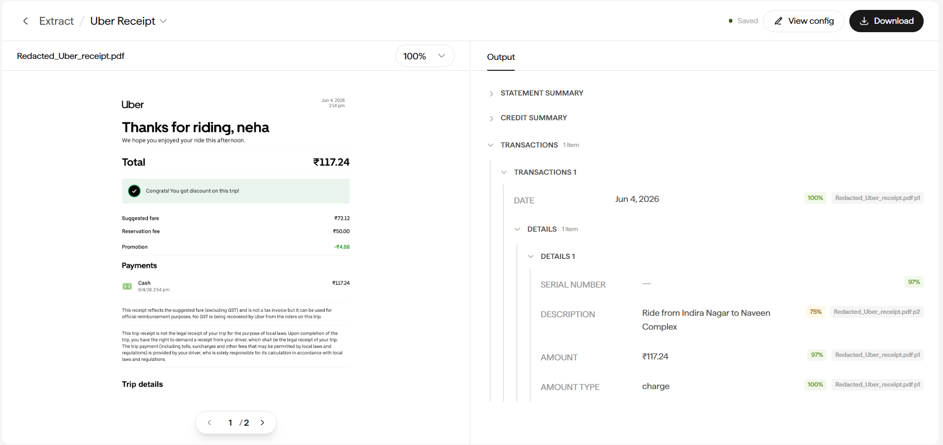 Extract results view with an Uber receipt on the left and a hierarchical Output panel with per-field confidence scores on the right.