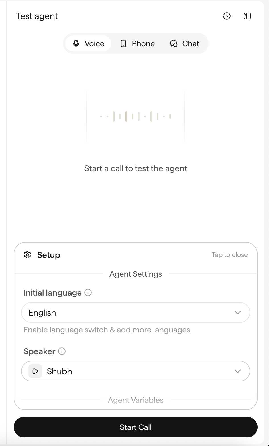 The test agent panel with Voice, Phone, and Chat tabs, the Setup row, and the Start Call button.