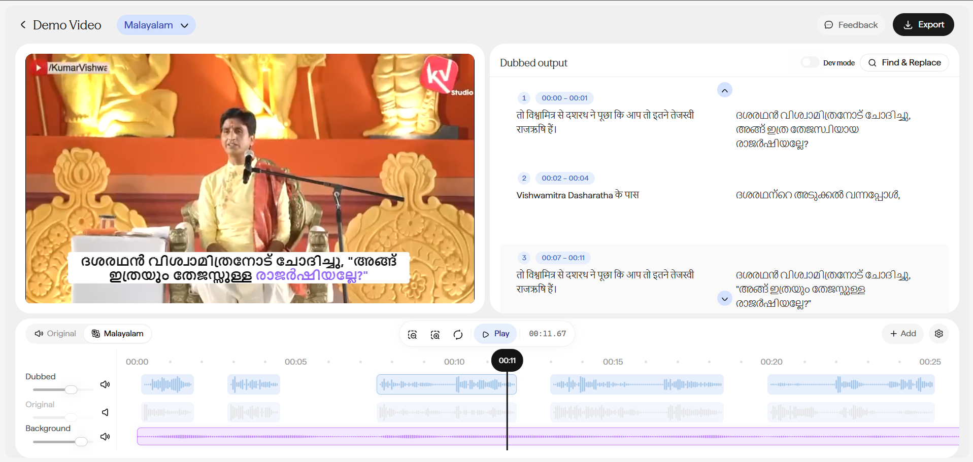 Dubbing editor for the same project, now showing Malayalam as the active target language in the header pill. The video preview displays a burned-in subtitle caption overlay in Malayalam script at the bottom of the frame. The Dubbed output pane on the right shows the same numbered timestamped blocks, now with Malayalam translations instead of Hindi. The three-track audio mixer at the bottom shows the same Dubbed, Original, and Background sliders.