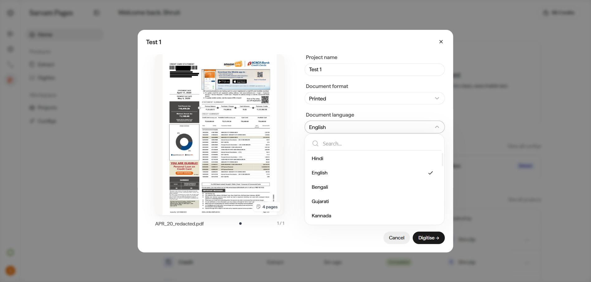 Digitise New Project dialog with the Document language dropdown open, showing Hindi, English (selected), Bengali, Gujarati, and Kannada, plus a search field. Document format is set to Printed.