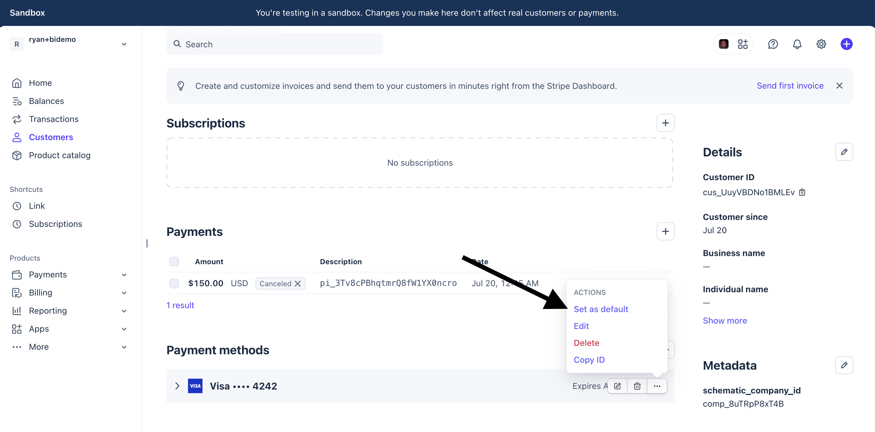 Set Default Payment Method in Stripe