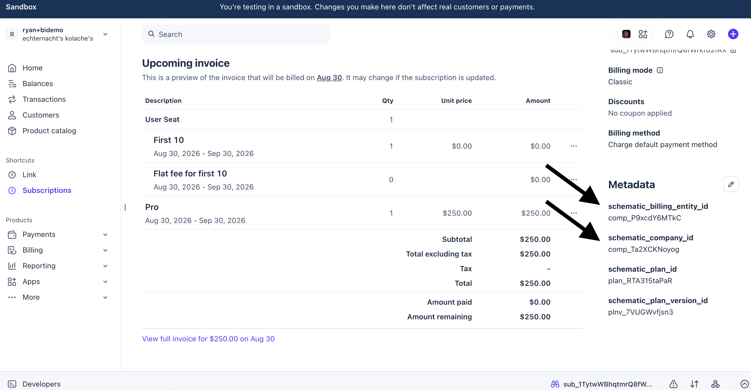 Schematic metadata on a Stripe subscription with a billing entity