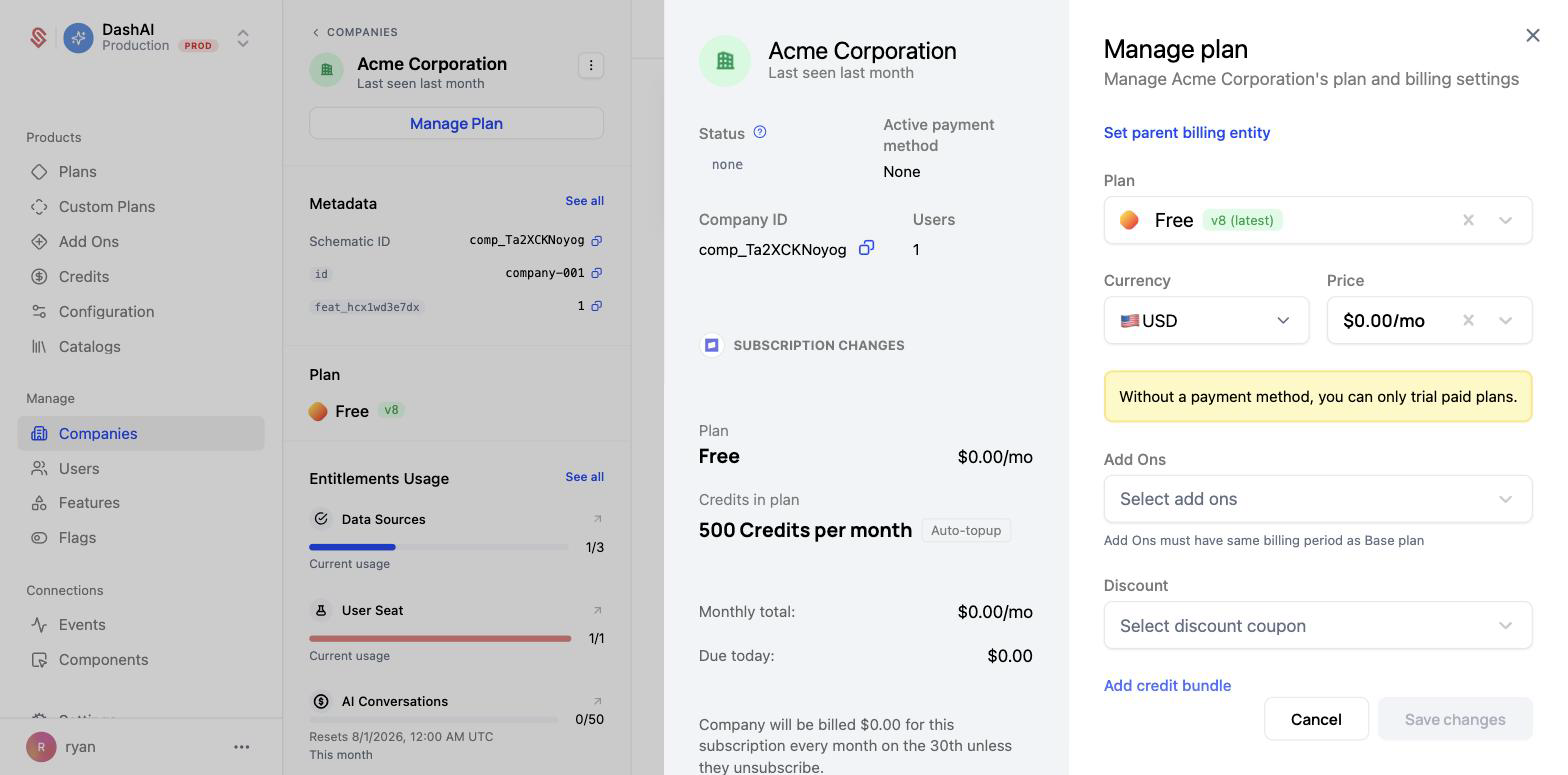 Manage Plan with the Set parent billing entity link