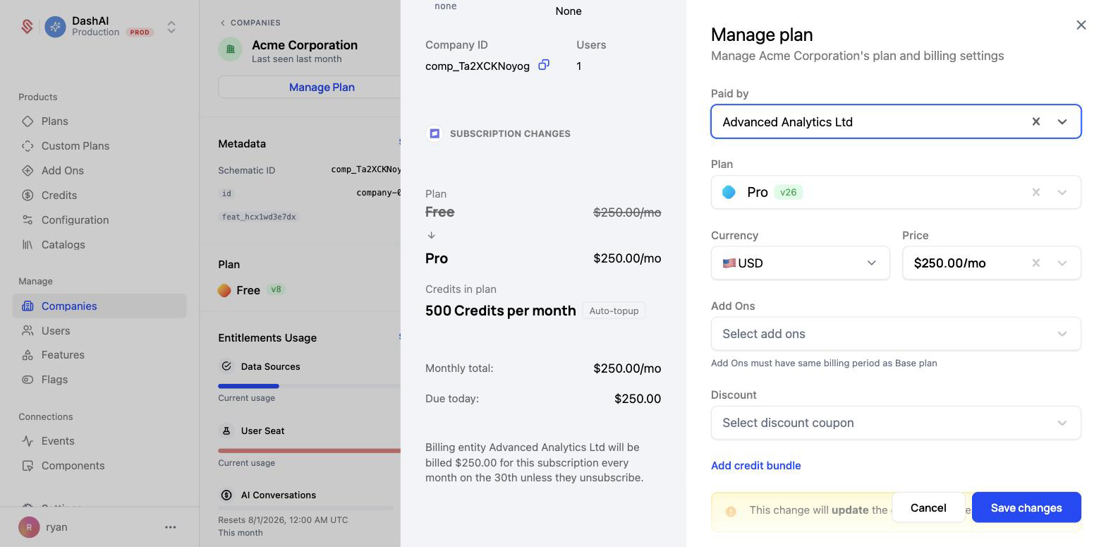 Preview showing the billing entity will be charged