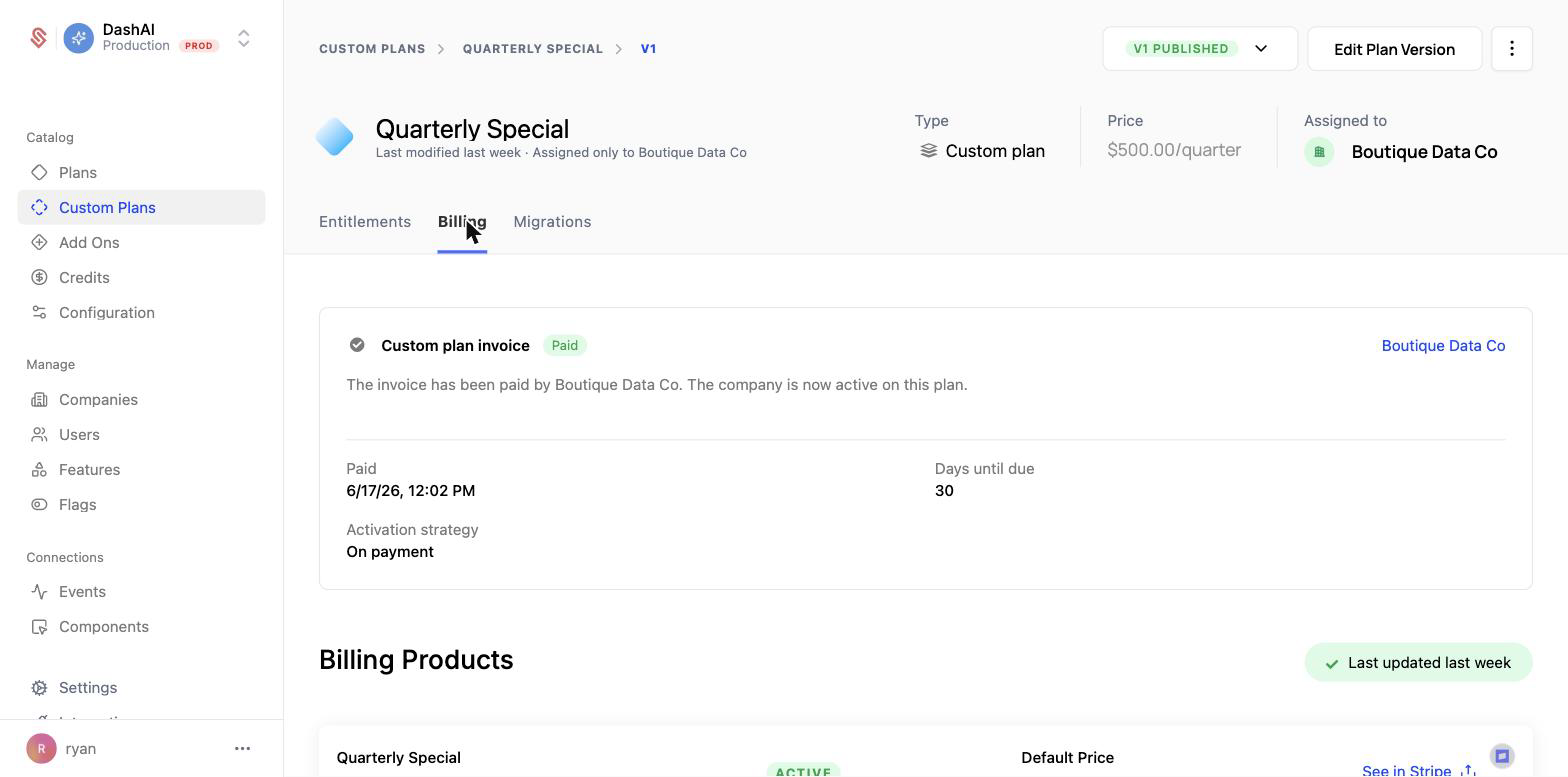 Custom plan invoice paid and active