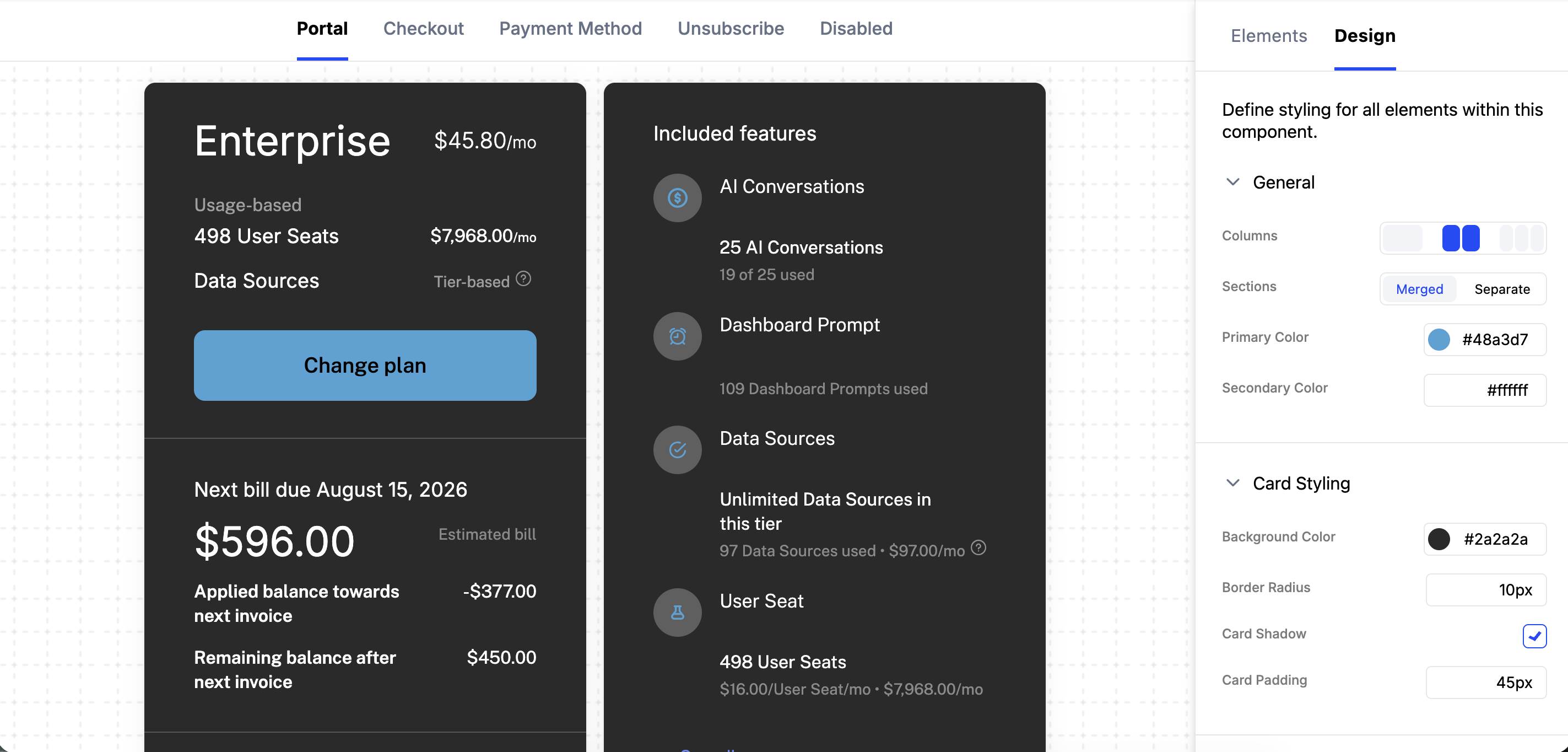 Plan Manager, Included Features, and Metered Features elements