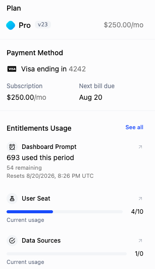 Plan, payment method, and entitlement usage for one company