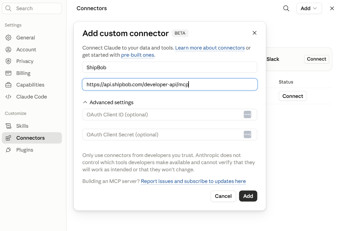 Add custom connector dialog in claude.ai with Name = ShipBob and URL populated
