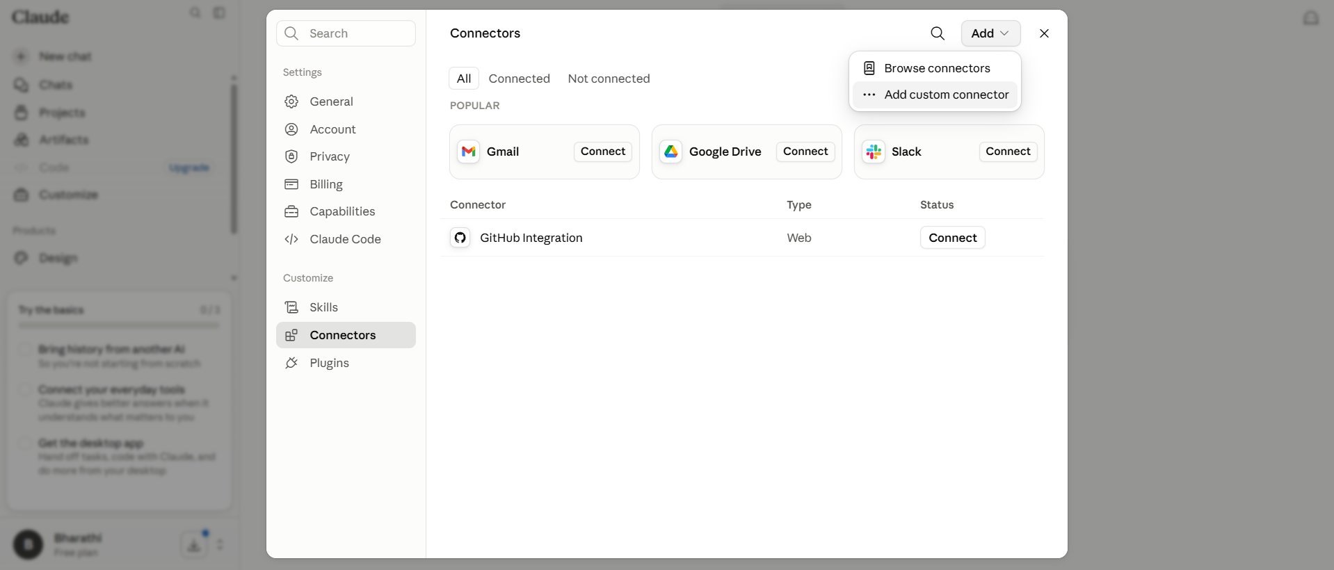 claude.ai Customize → Connectors panel with the + icon visible