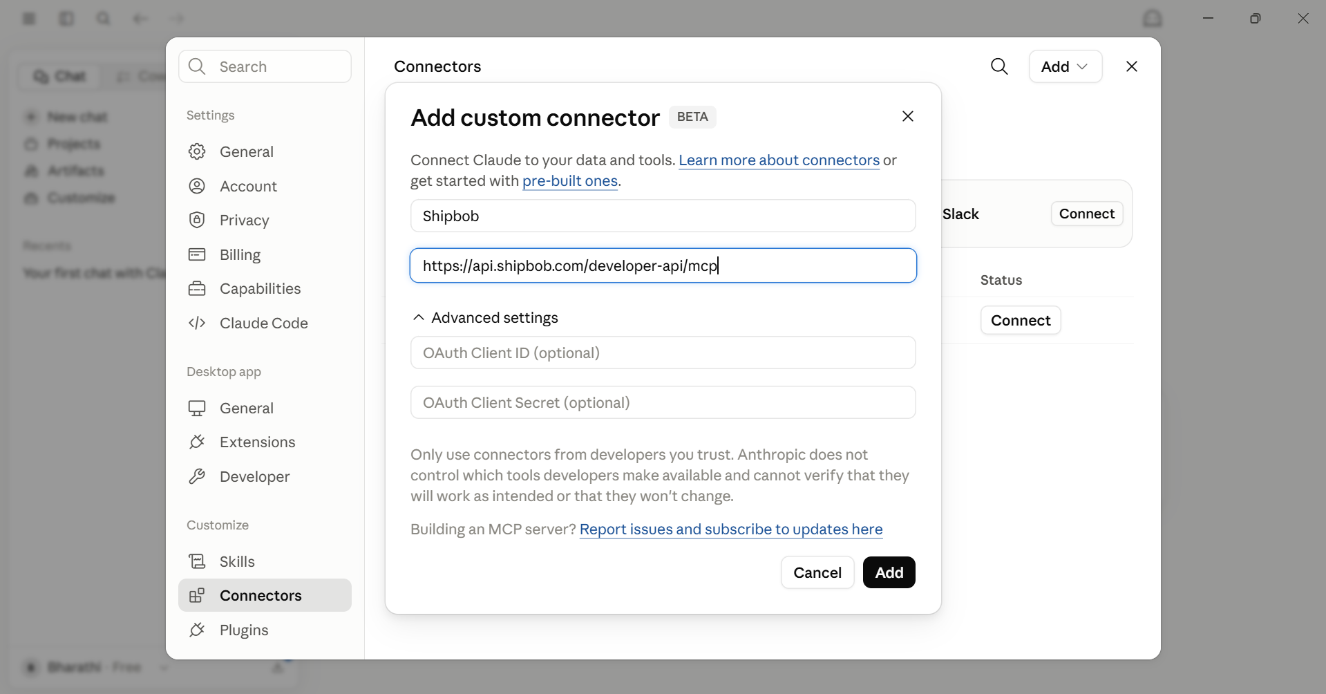 Add custom connector dialog in Claude Desktop with Name = ShipBob and URL populated