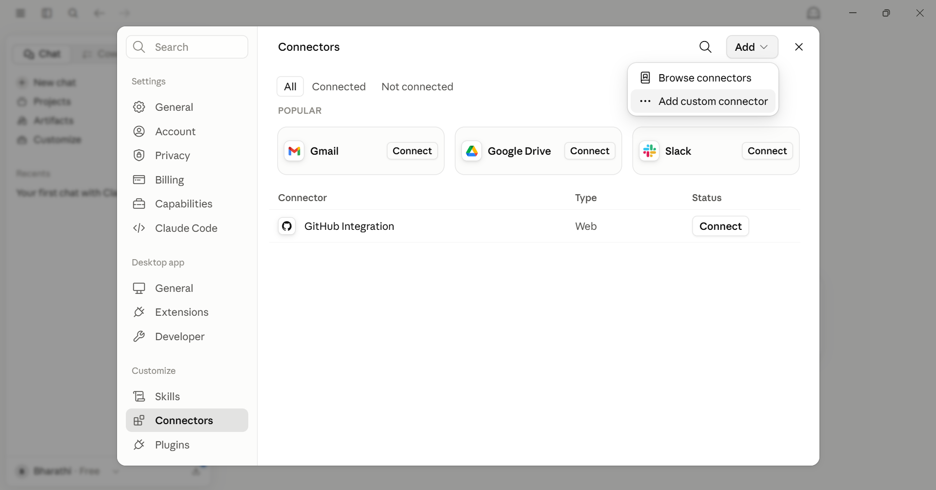Claude Desktop Customize → Connectors panel with the + icon visible
