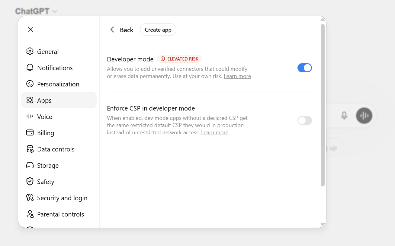 ChatGPT Settings → Connectors → Advanced settings with Developer mode toggled on
