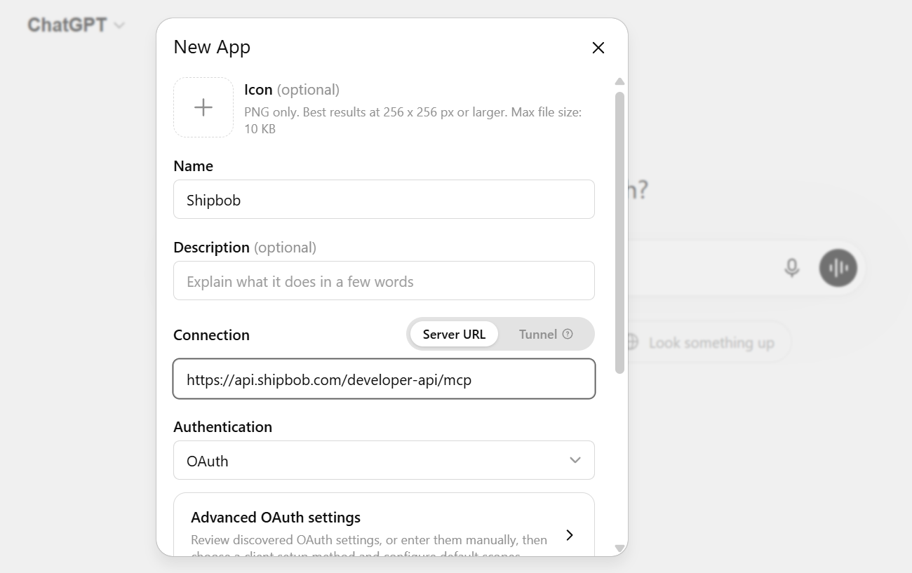 ChatGPT Add custom connector dialog with Name, MCP Server URL, and OAuth authentication populated