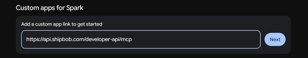 Gemini Spark Custom apps for Spark section with the ShipBob MCP URL pasted