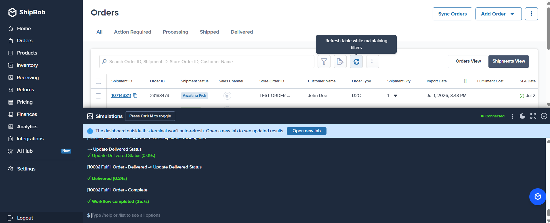 Simulation Terminal on the Orders page